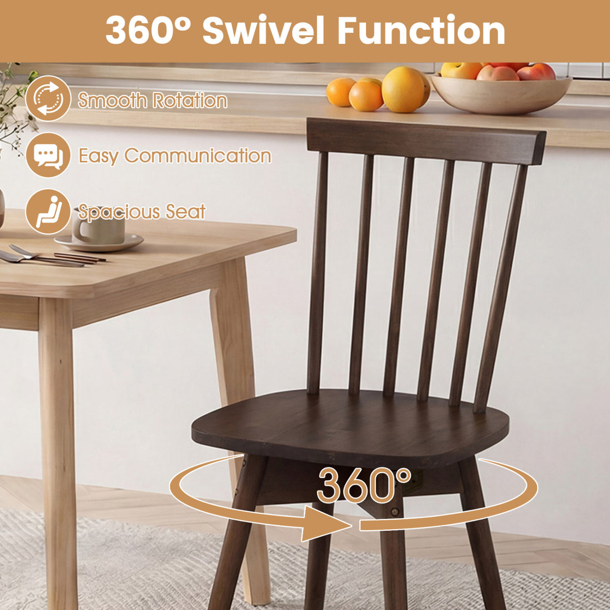 Windsor Dining Chairs Set of 4 Mid Century Rubber Wood Kitchen Chairs with Swivel Seat