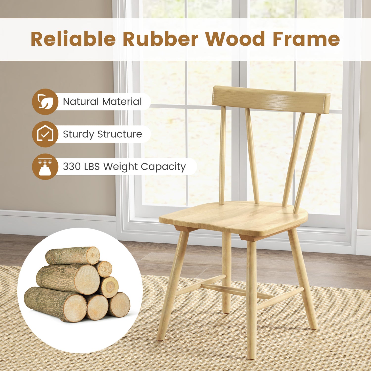 Windsor Style Armless Chairs with Solid Rubber Wood Frame
