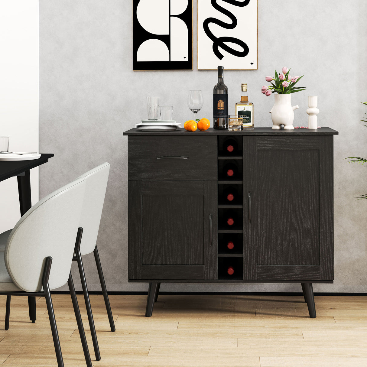 2-Door Buffet Sideboard with 6-Bottle Wine Rack Drawer