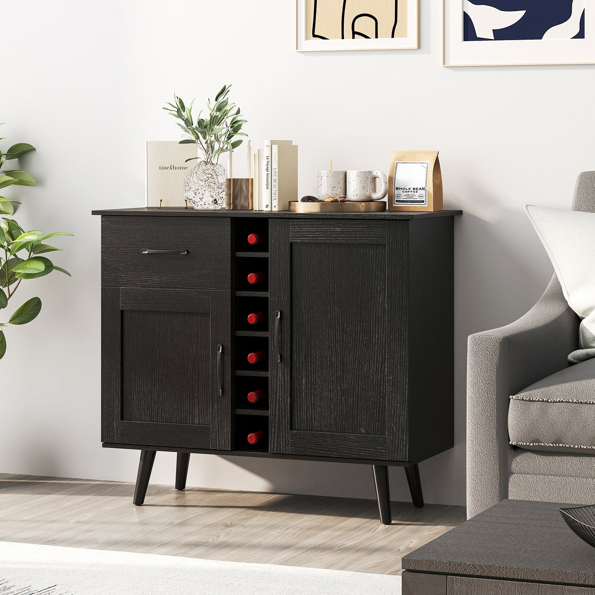 2-Door Buffet Sideboard with 6-Bottle Wine Rack Drawer