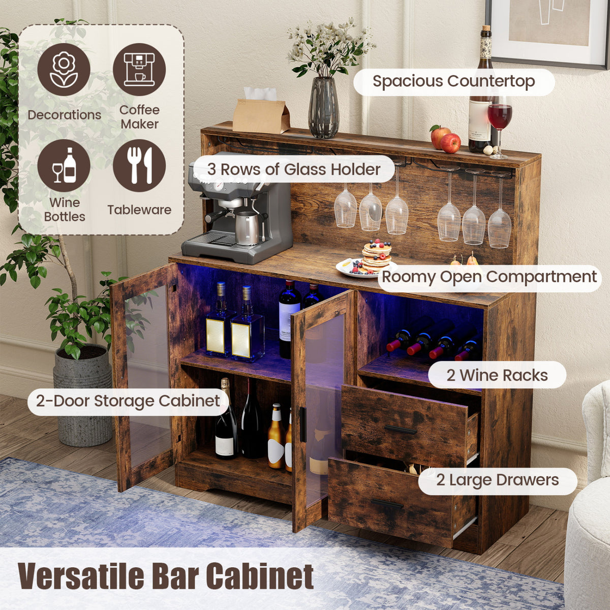 Wine Bar Cabinet with LED Lights and Charging Station-Rustic Brown