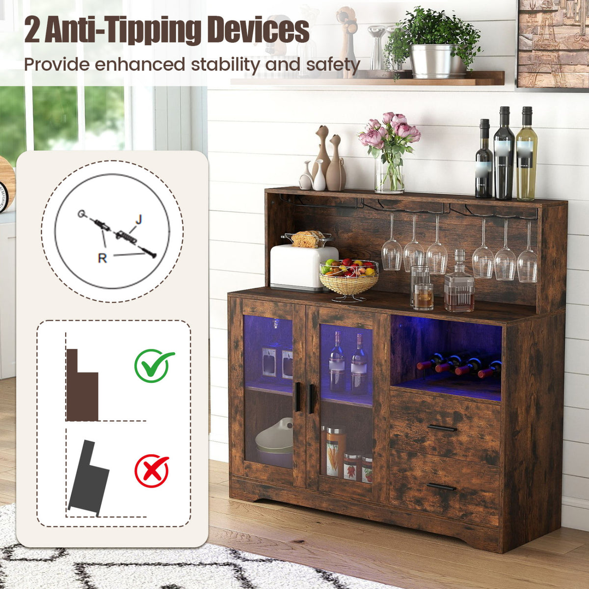 Wine Bar Cabinet with LED Lights and Charging Station-Rustic Brown