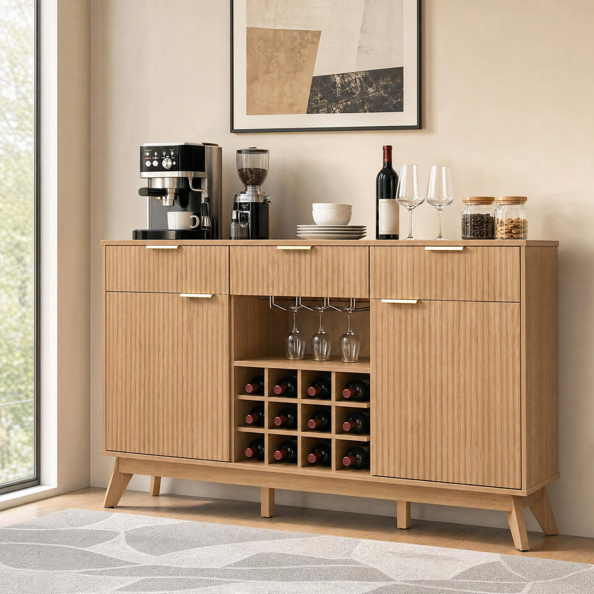 Wine Bar Cabinet with Adjustable Shelves and 2 Doors 3 Glass Holders for Kitchen
