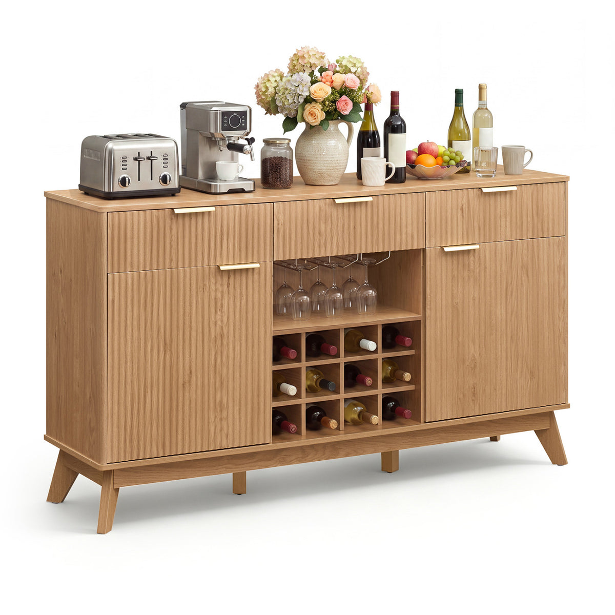 Wine Bar Cabinet with Adjustable Shelves and 2 Doors 3 Glass Holders for Kitchen