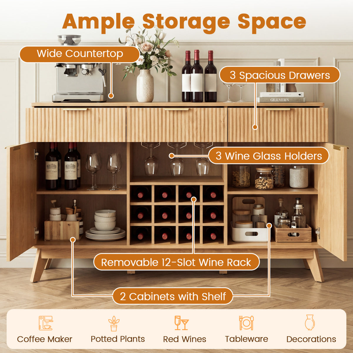Wine Bar Cabinet with Adjustable Shelves and 2 Doors 3 Glass Holders for Kitchen