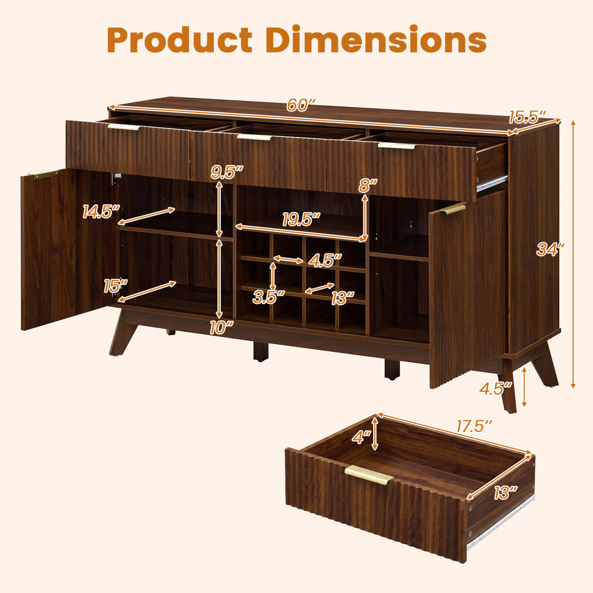 Wine Bar Cabinet with Adjustable Shelves and 2 Doors 3 Glass Holders for Kitchen