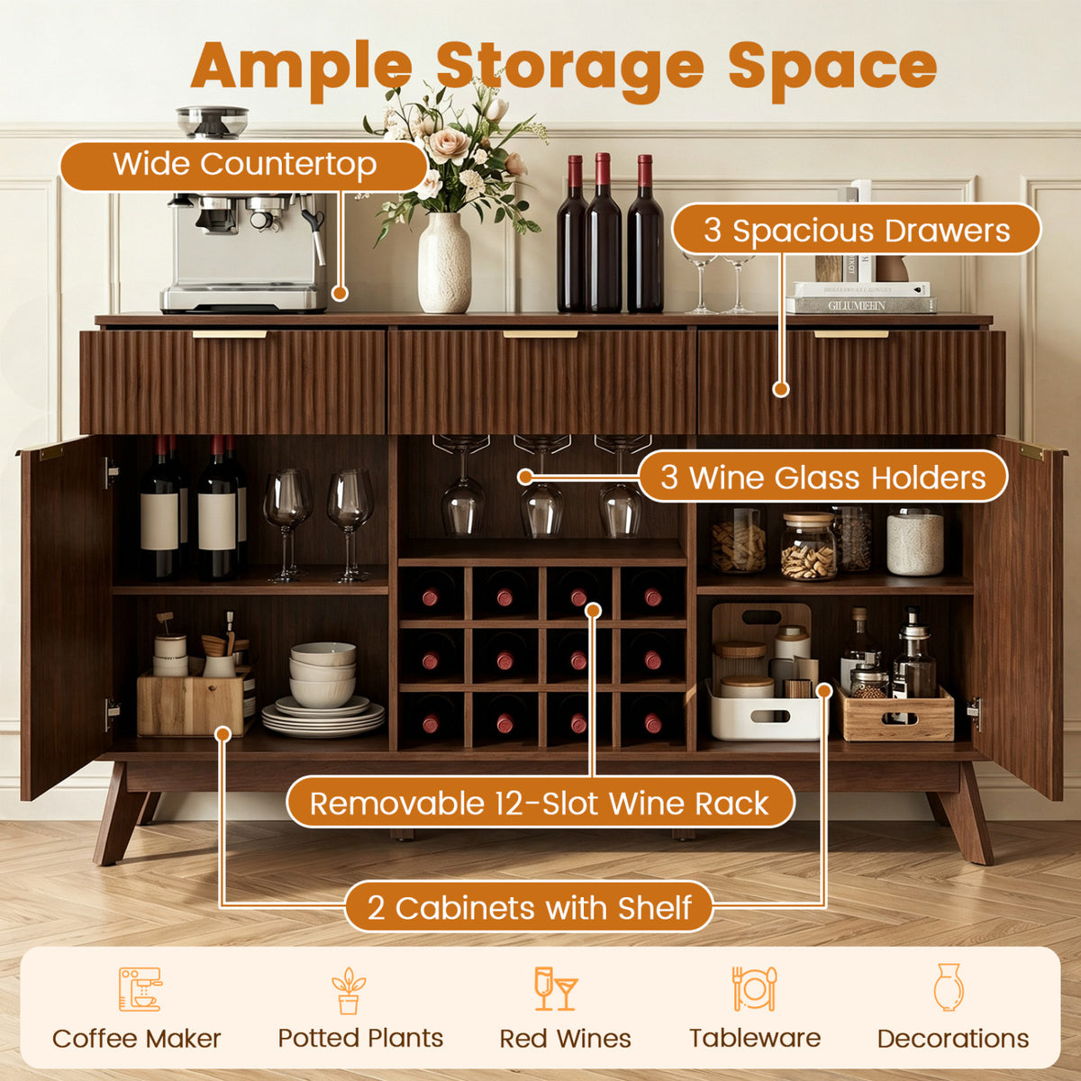 Wine Bar Cabinet with Adjustable Shelves and 2 Doors 3 Glass Holders for Kitchen