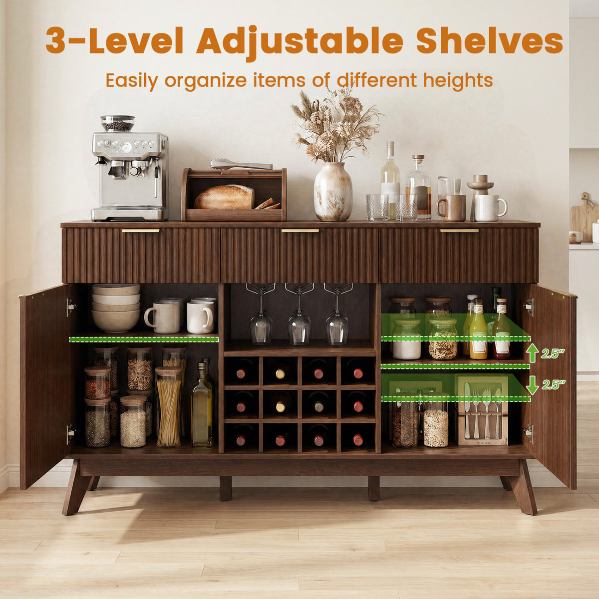 Wine Bar Cabinet with Adjustable Shelves and 2 Doors 3 Glass Holders for Kitchen