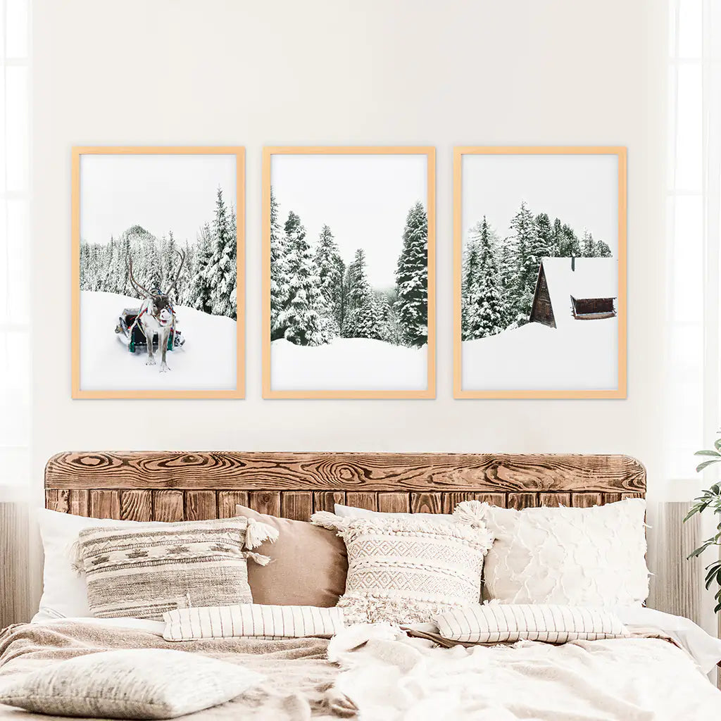 Winter Snowy Nature Triptych. Reindeer, Log Cabin, Pine Tree
