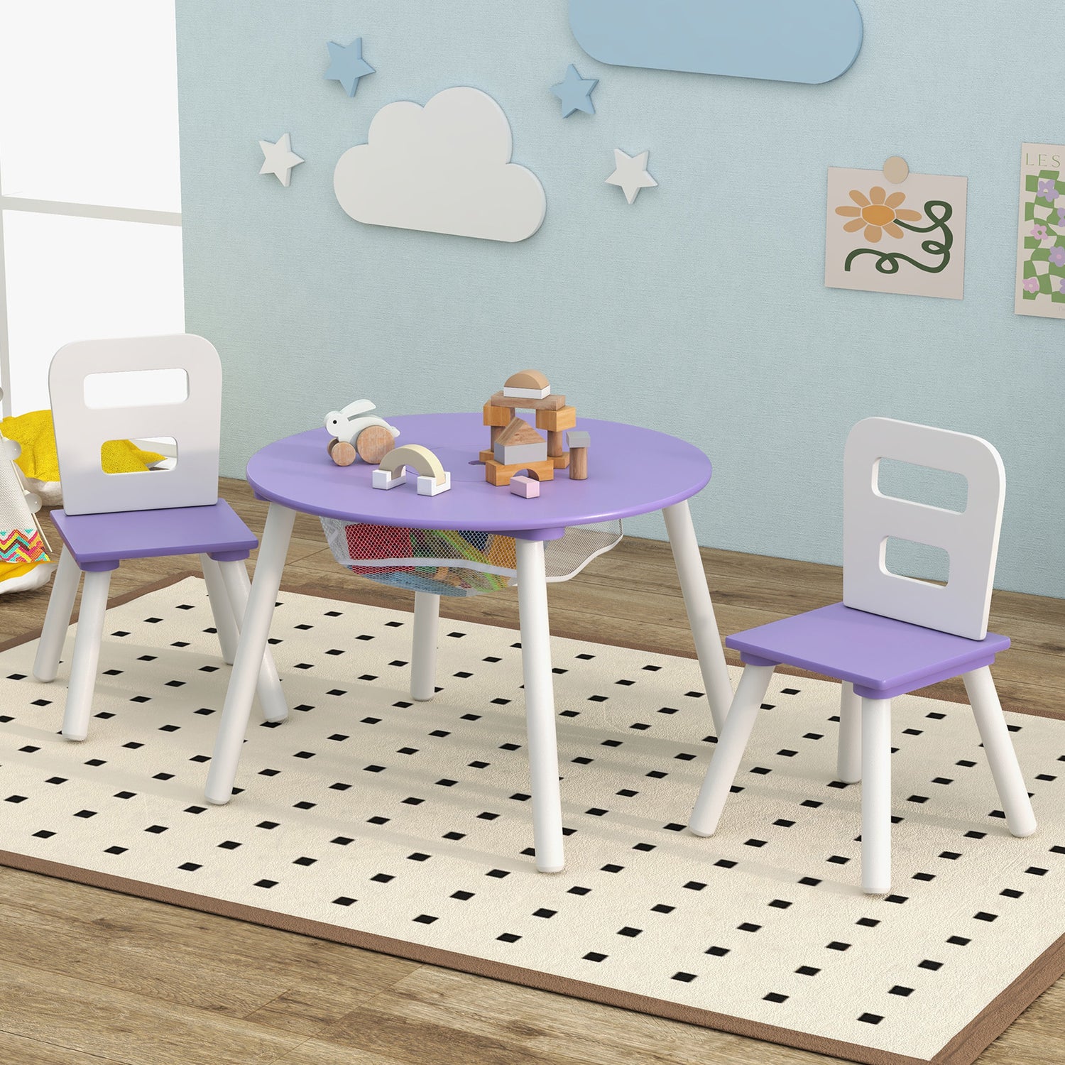 Wood Activity Kids Table and Chair Set with Center Mesh Storage