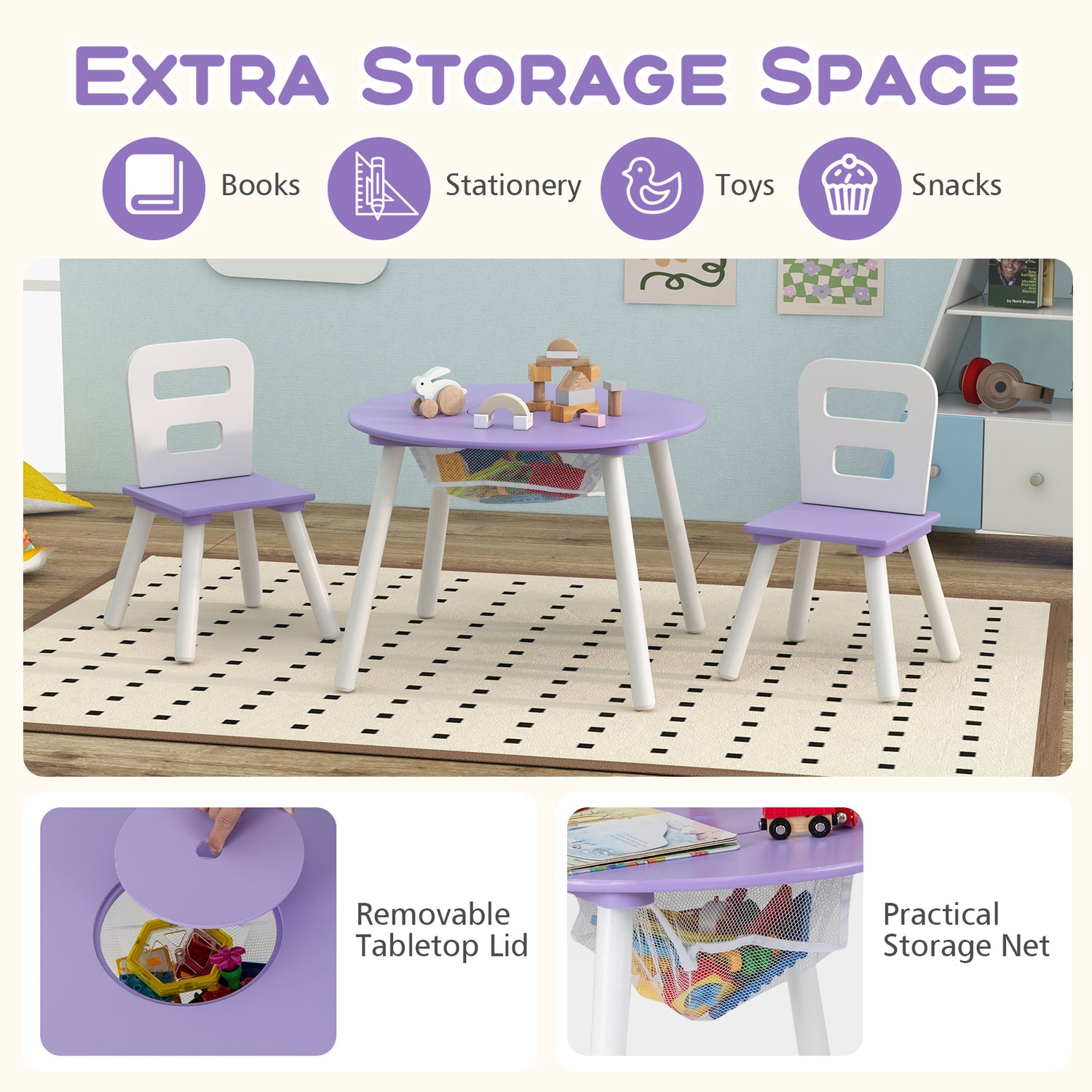 Wood Activity Kids Table and Chair Set with Center Mesh Storage