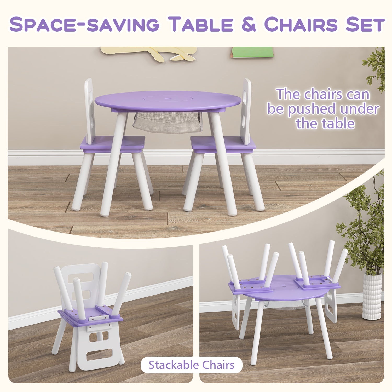 Wood Activity Kids Table and Chair Set with Center Mesh Storage