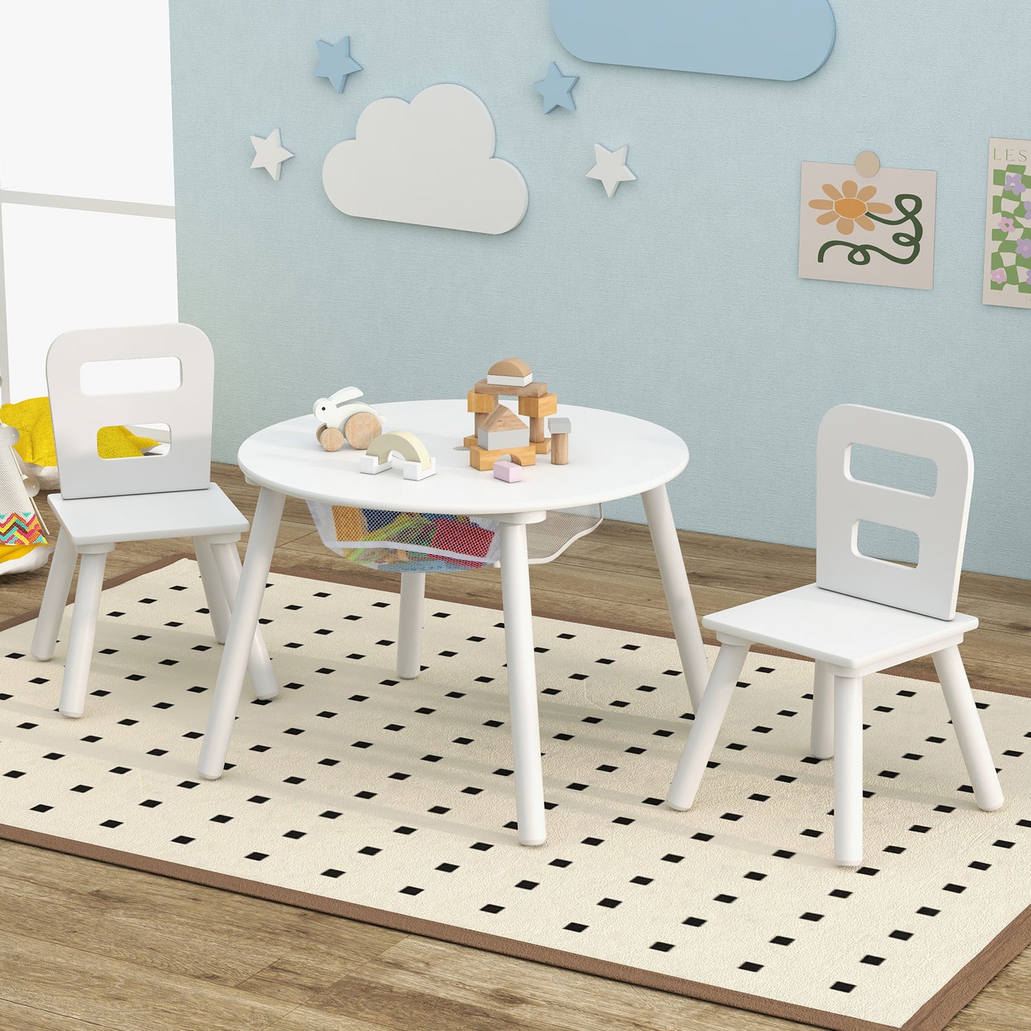 Wood Activity Kids Table and Chair Set with Center Mesh Storage