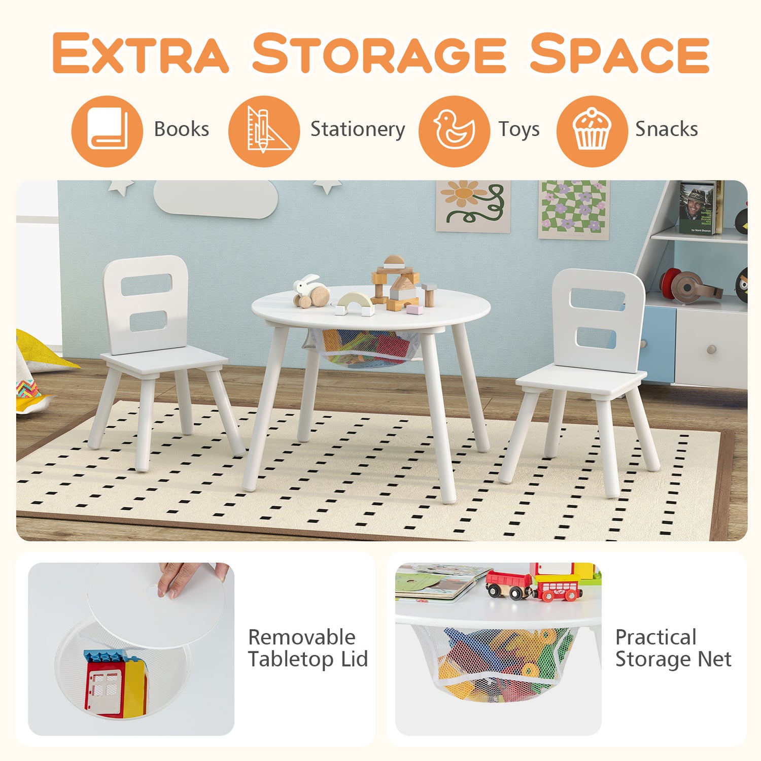 Wood Activity Kids Table and Chair Set with Center Mesh Storage