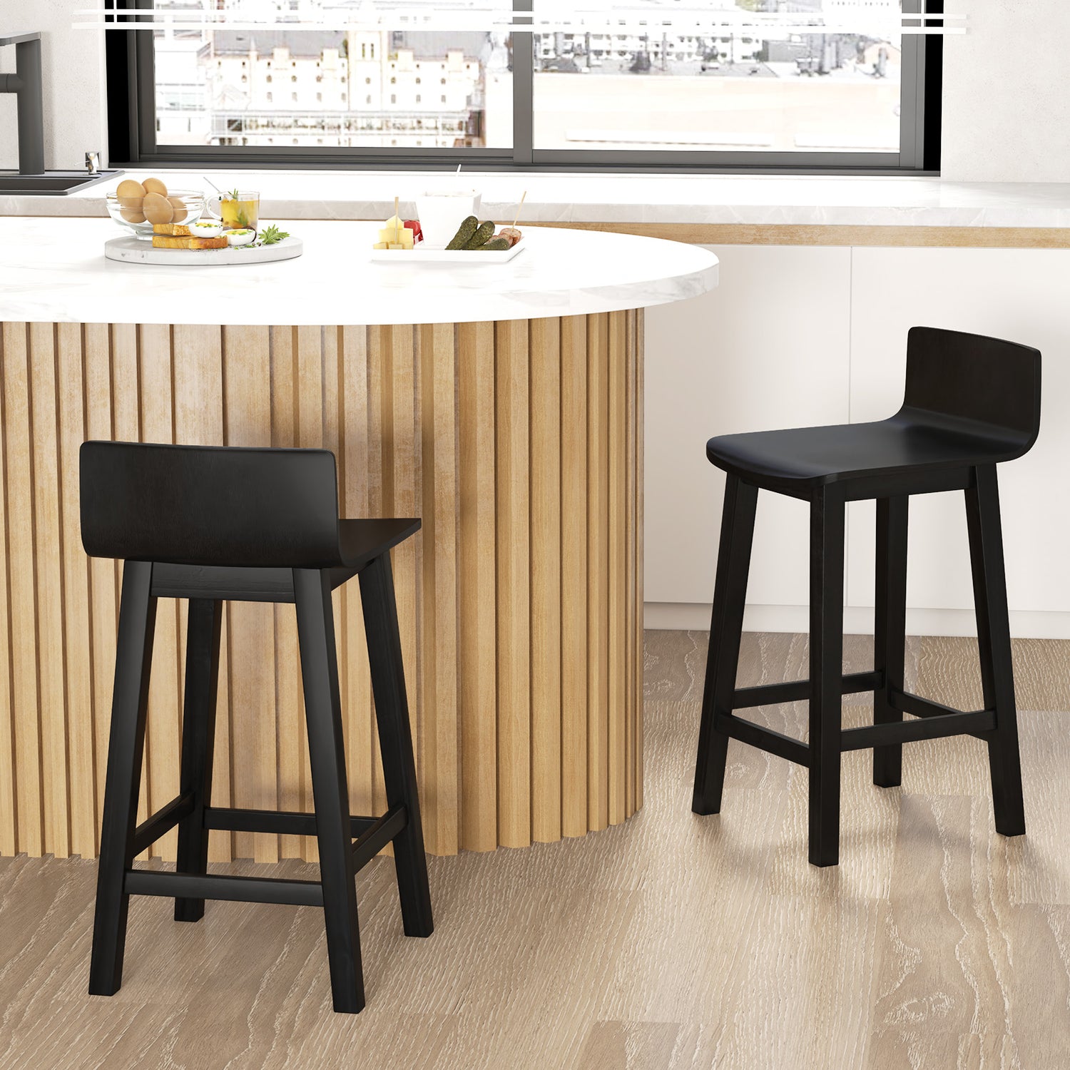 Wood Bar Stools Set of 2 with Solid Back and Seat