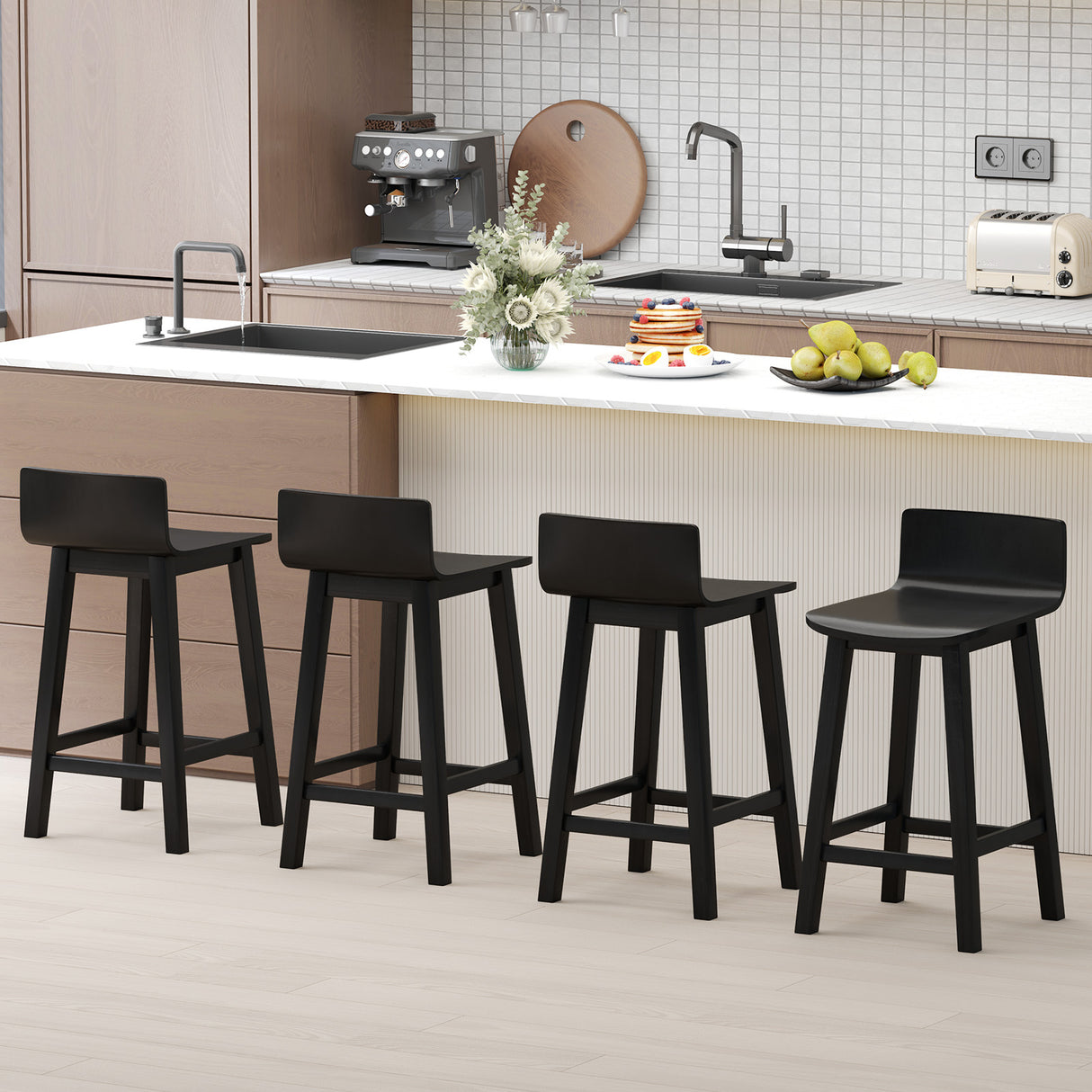 Wood Bar Stools Set of 2 with Solid Back and Seat