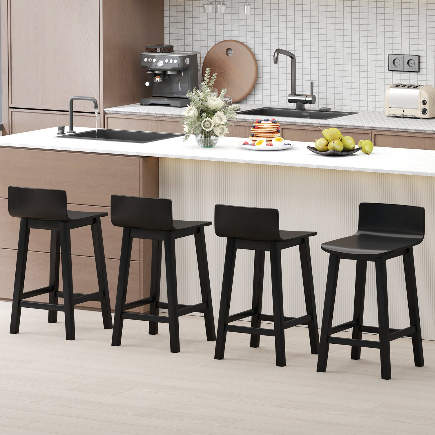 Wood Bar Stools Set of 2 with Solid Back and Seat