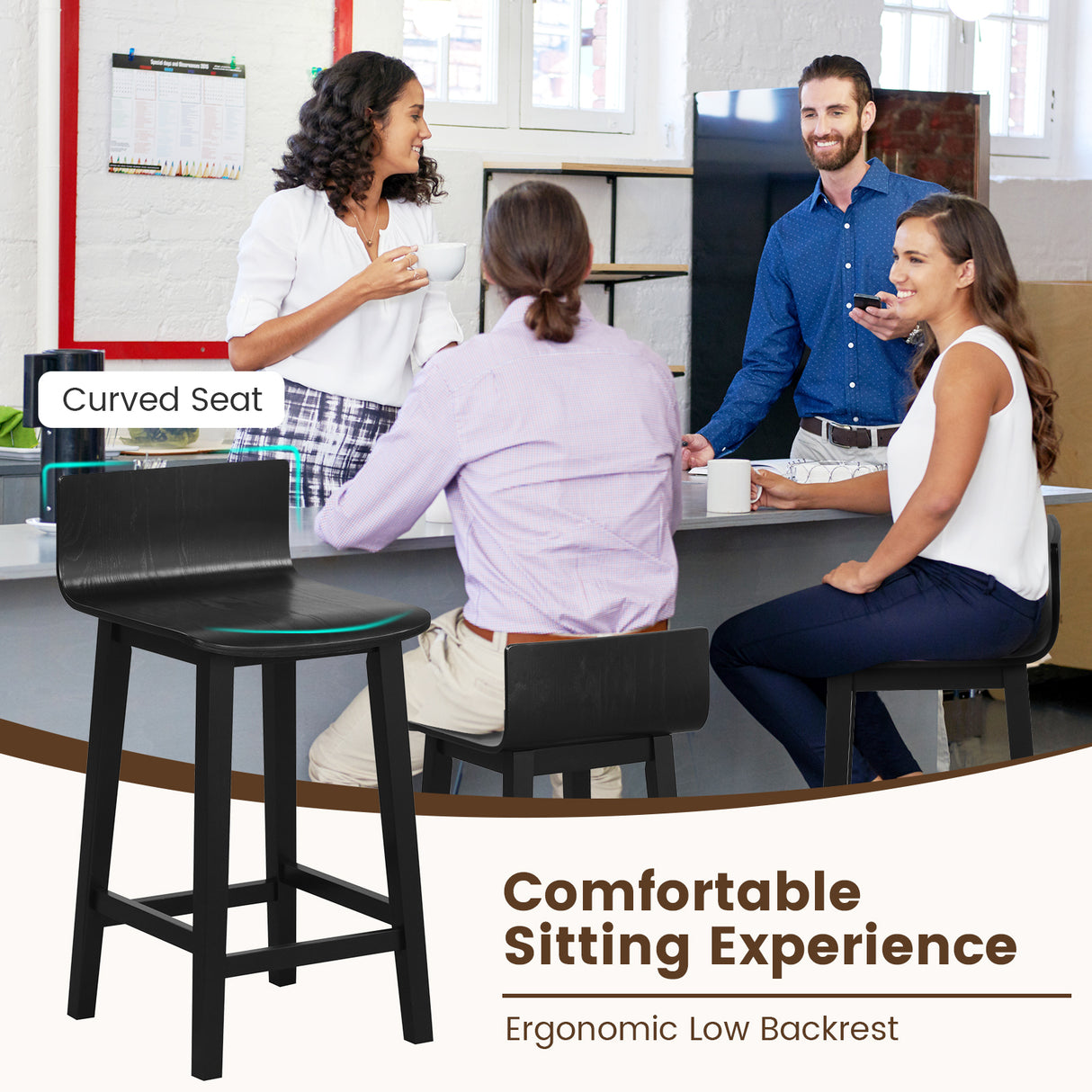 Wood Bar Stools Set of 2 with Solid Back and Seat