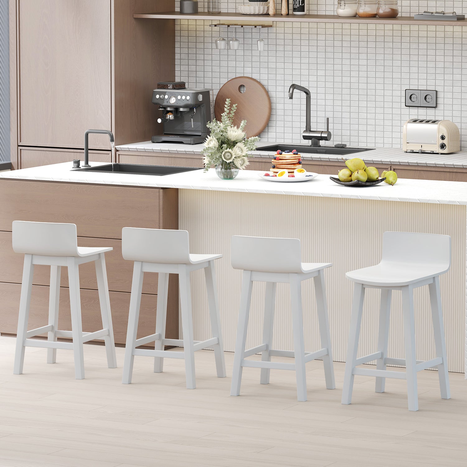Wood Bar Stools Set of 2 with Solid Back and Seat
