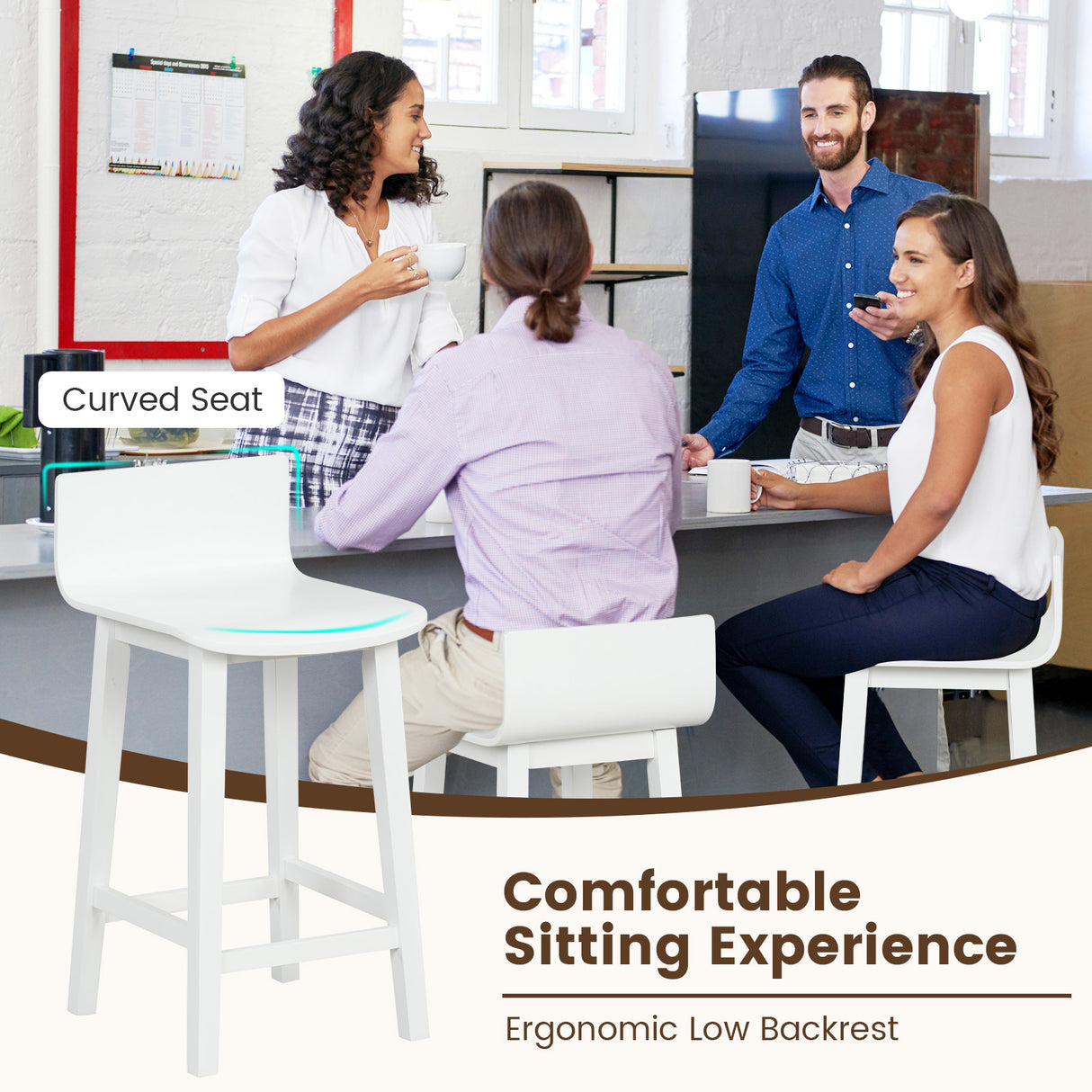 Wood Bar Stools Set of 2 with Solid Back and Seat