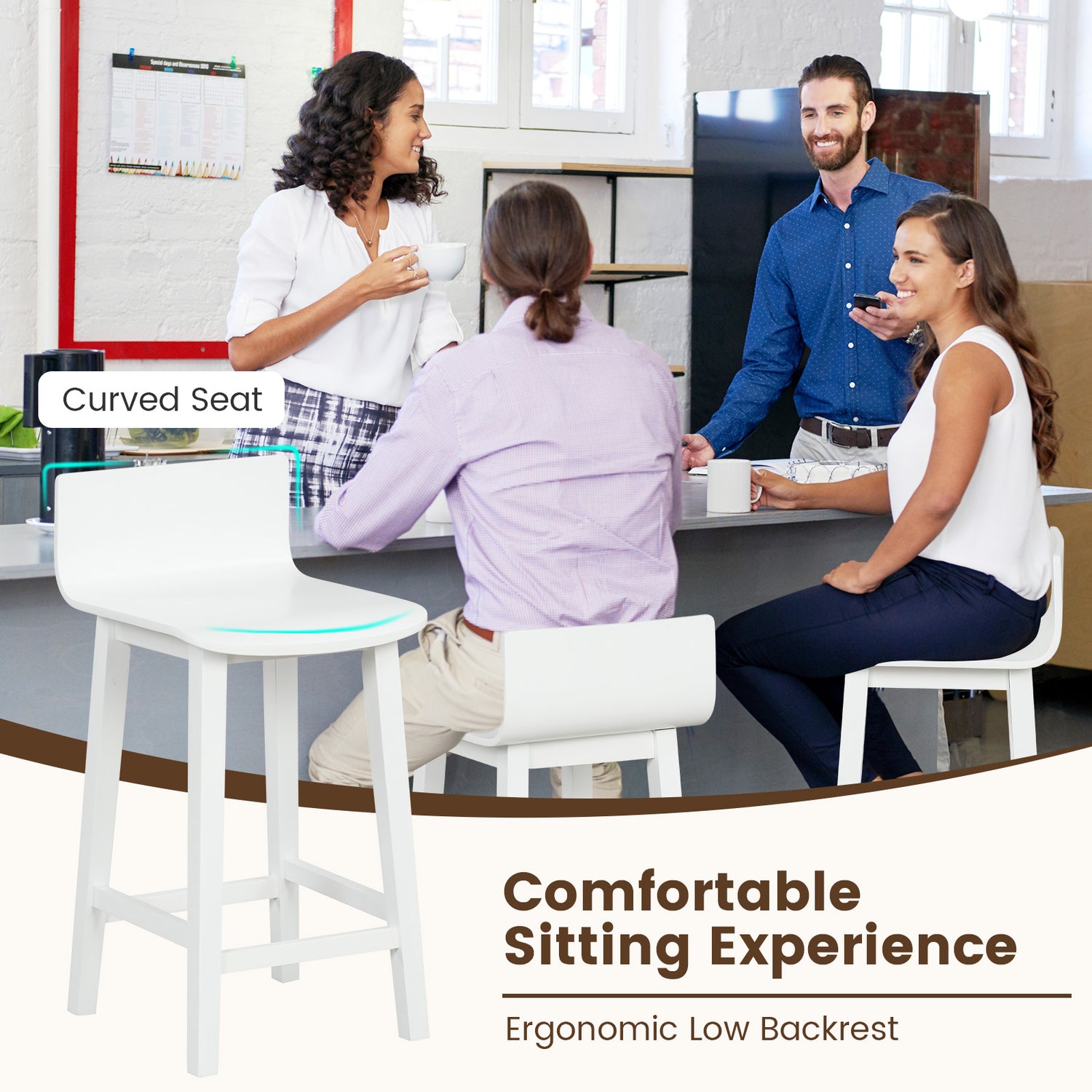 Wood Bar Stools Set of 2 with Solid Back and Seat