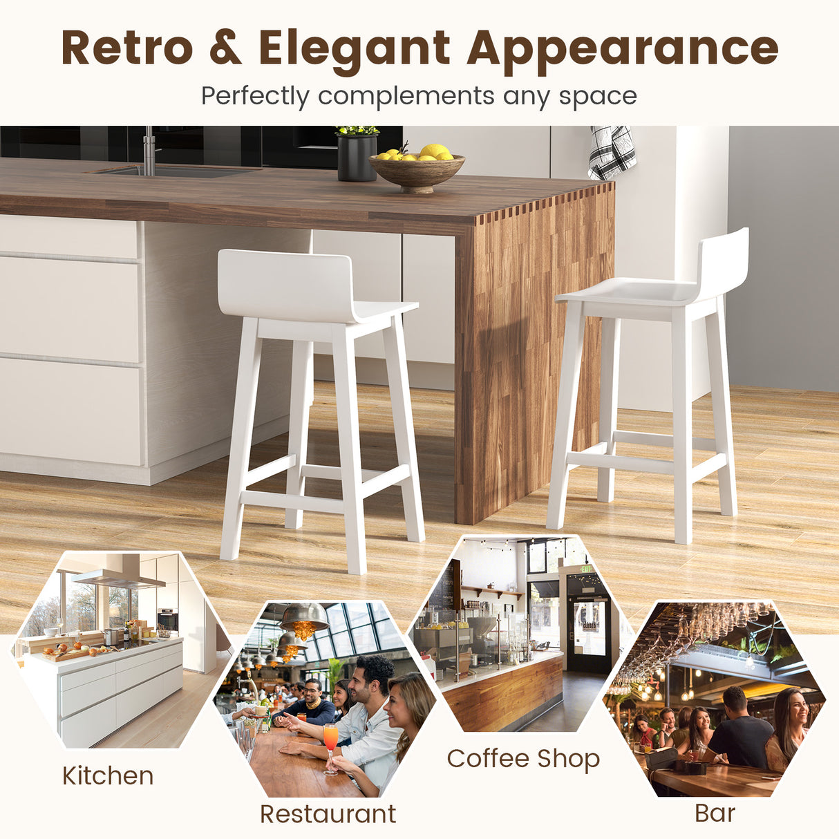 Wood Bar Stools Set of 2 with Solid Back and Seat