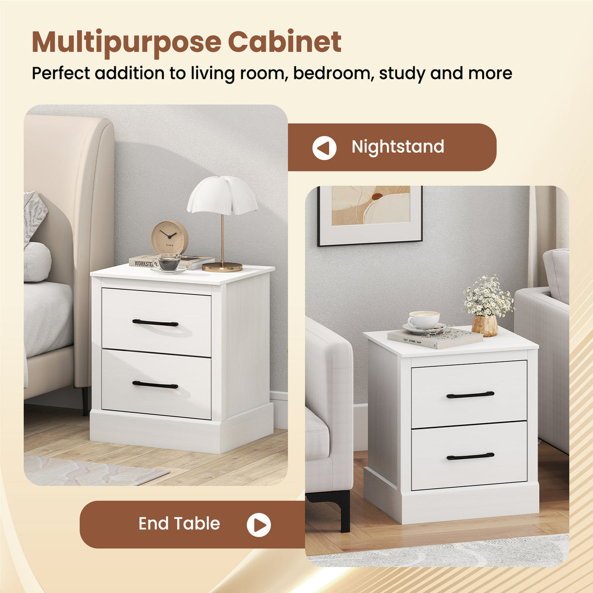 Wood Compact Floor Nightstand with Storage Drawers