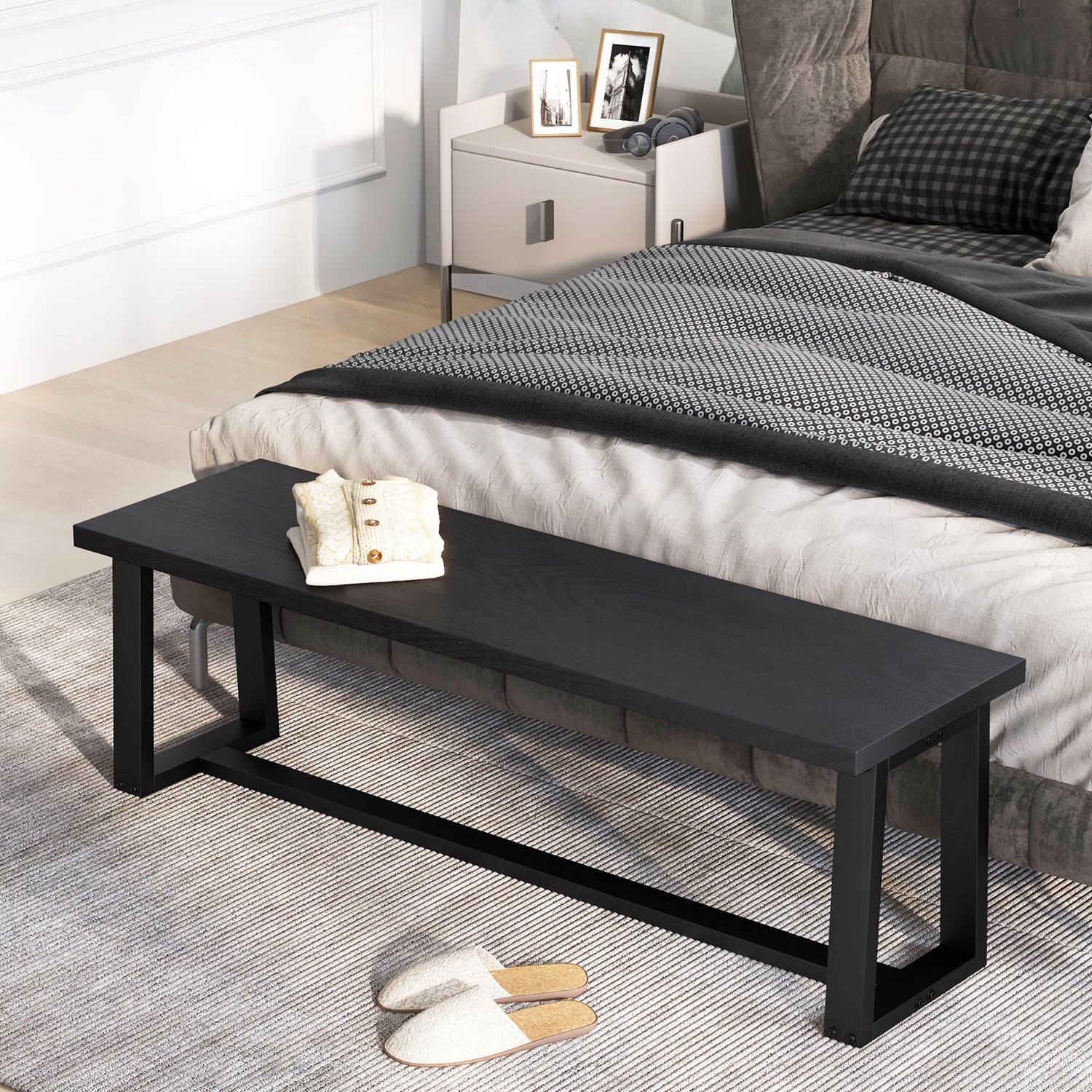 Wood Dining Bench with Metal Frame and Adjustable Footpads