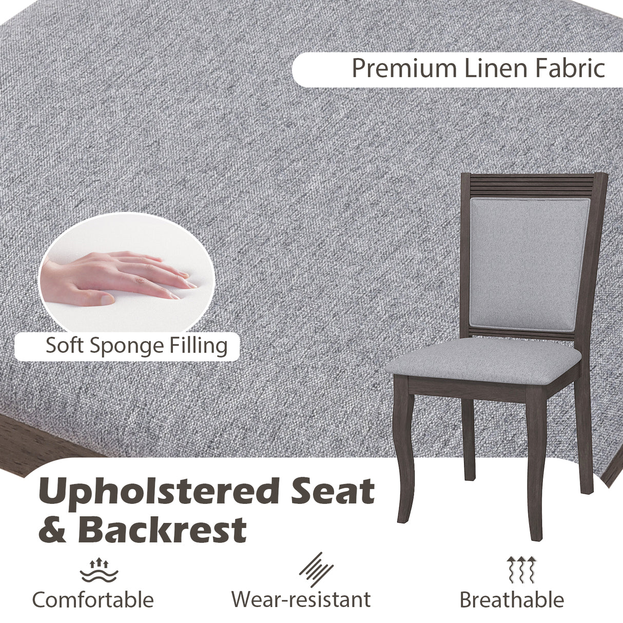 Wood Dining Chairs Set of 2 with Rubber Wood Frame and Padded Seat-Brown