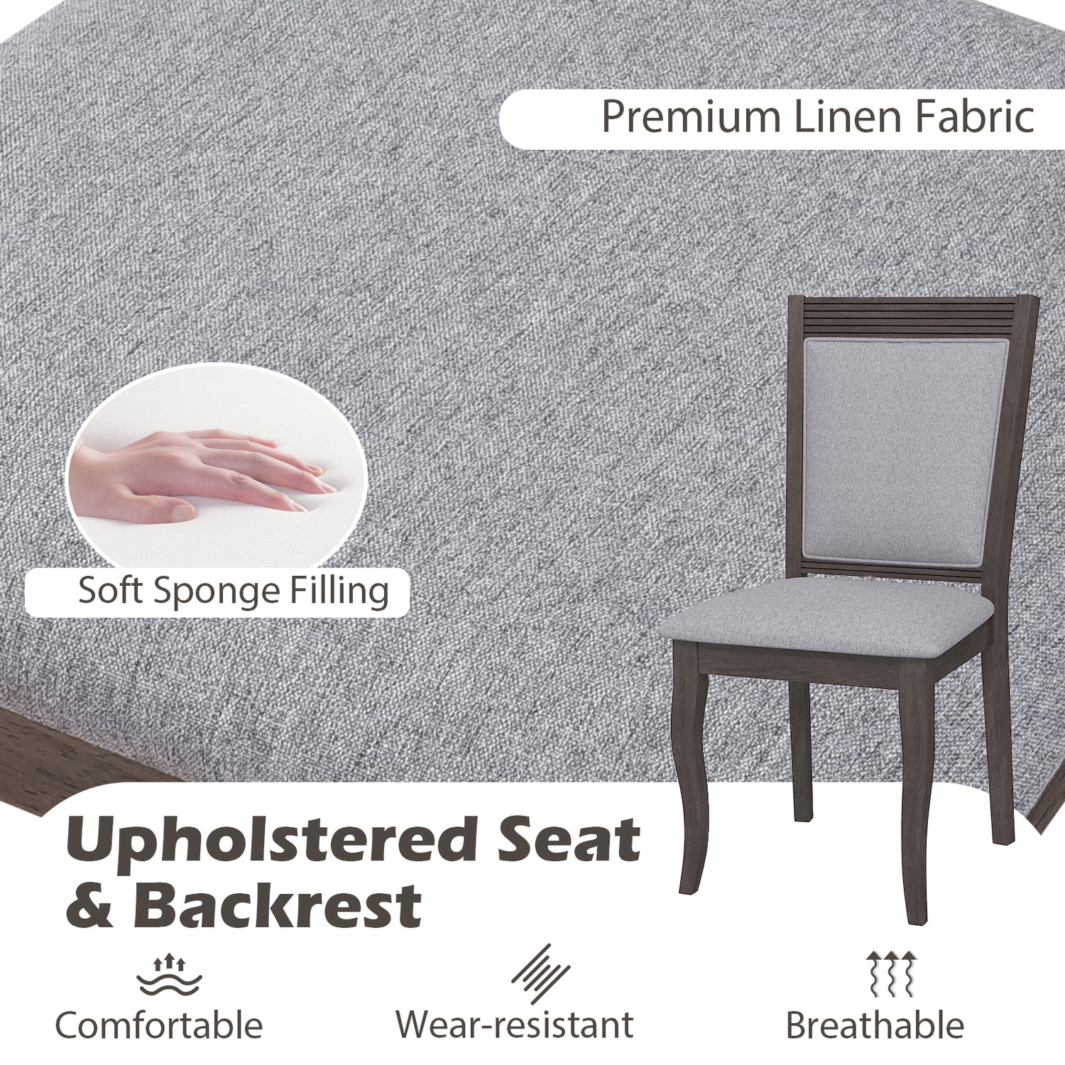 Wood Dining Chairs Set of 2 with Rubber Wood Frame and Padded Seat-Brown