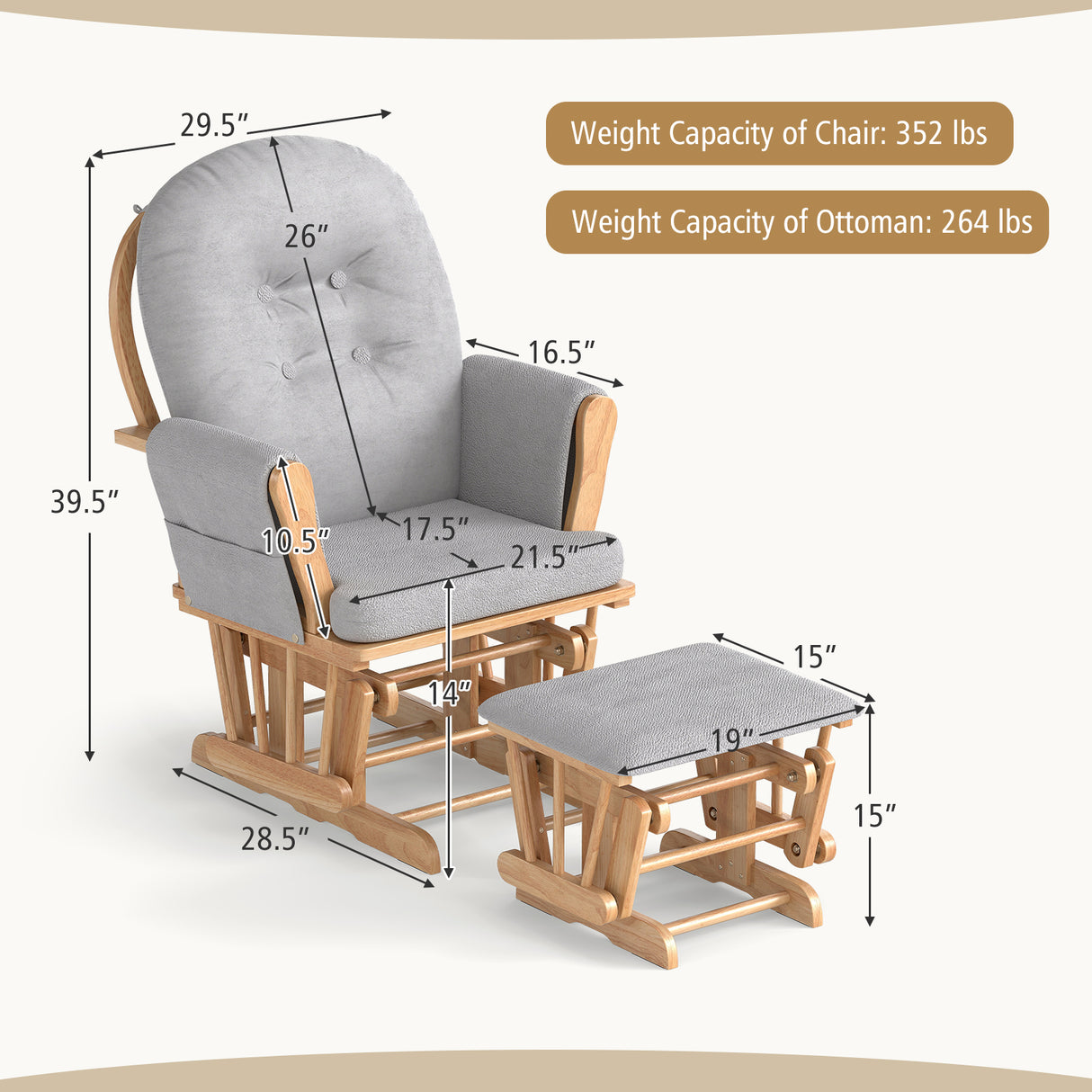 Wood Glider and Ottoman Set with Padded Armrests and Detachable Cushion