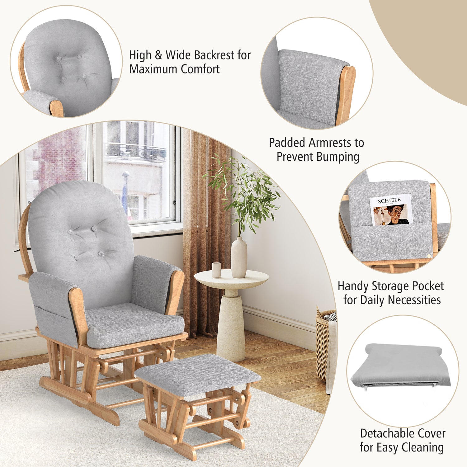 Wood Glider and Ottoman Set with Padded Armrests and Detachable Cushion