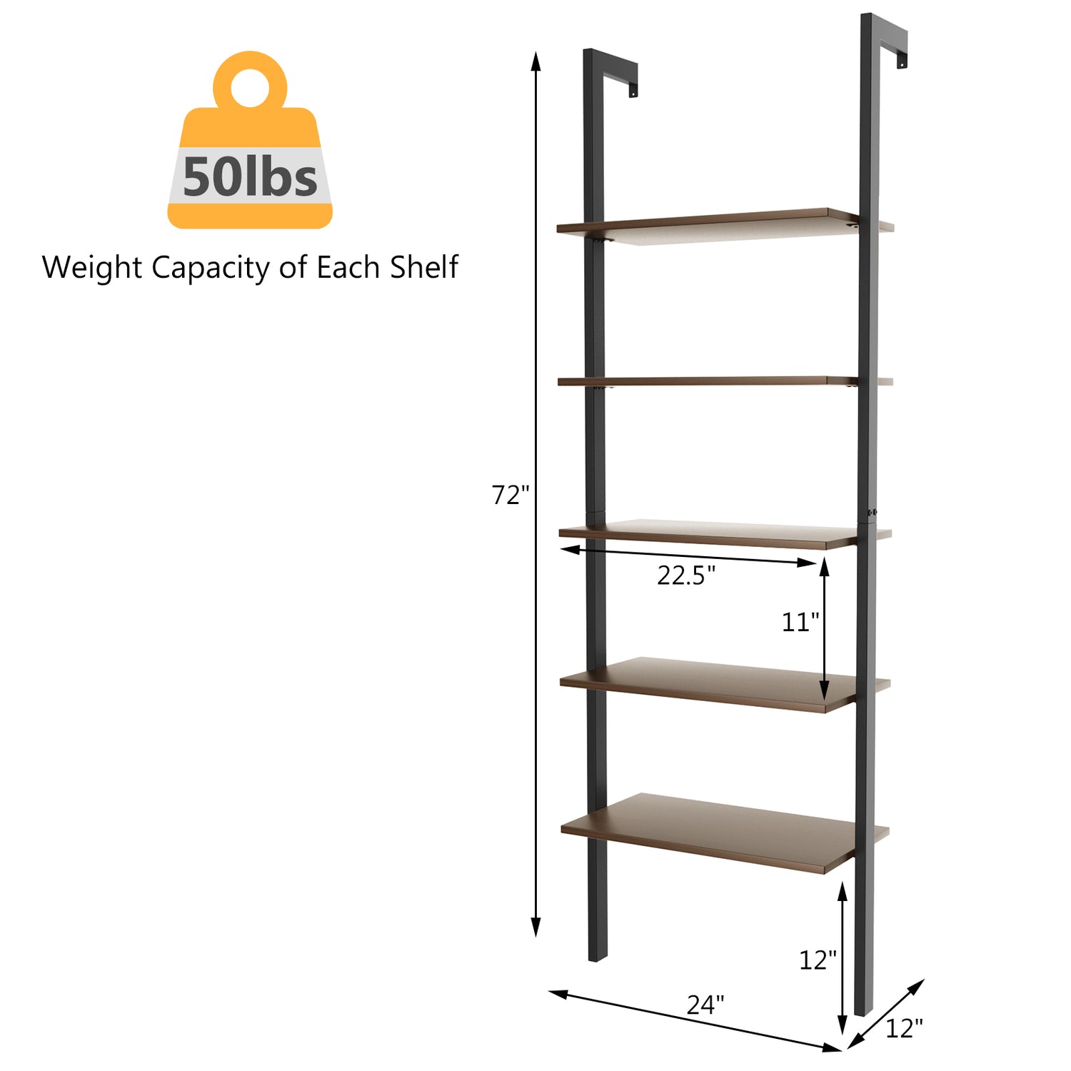5-Tier Wood Look Ladder Shelf with Metal Frame for Home-Black