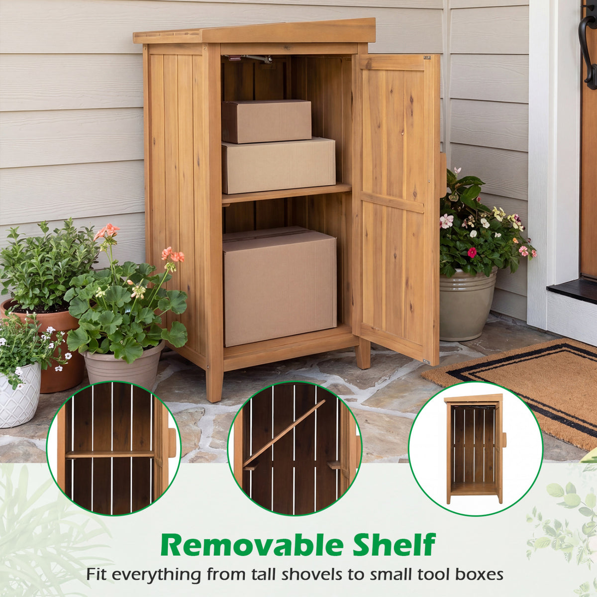 Wood Package Delivery Box with Openable Lid and Removable Shelf for Garden