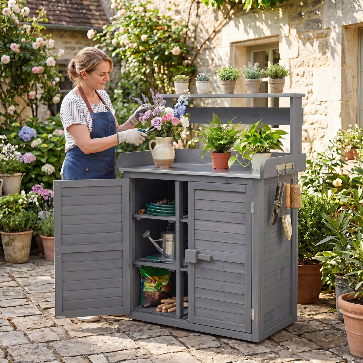 Wood Plant Workstation with Stainless Steel Tabletop and Removable Shelves