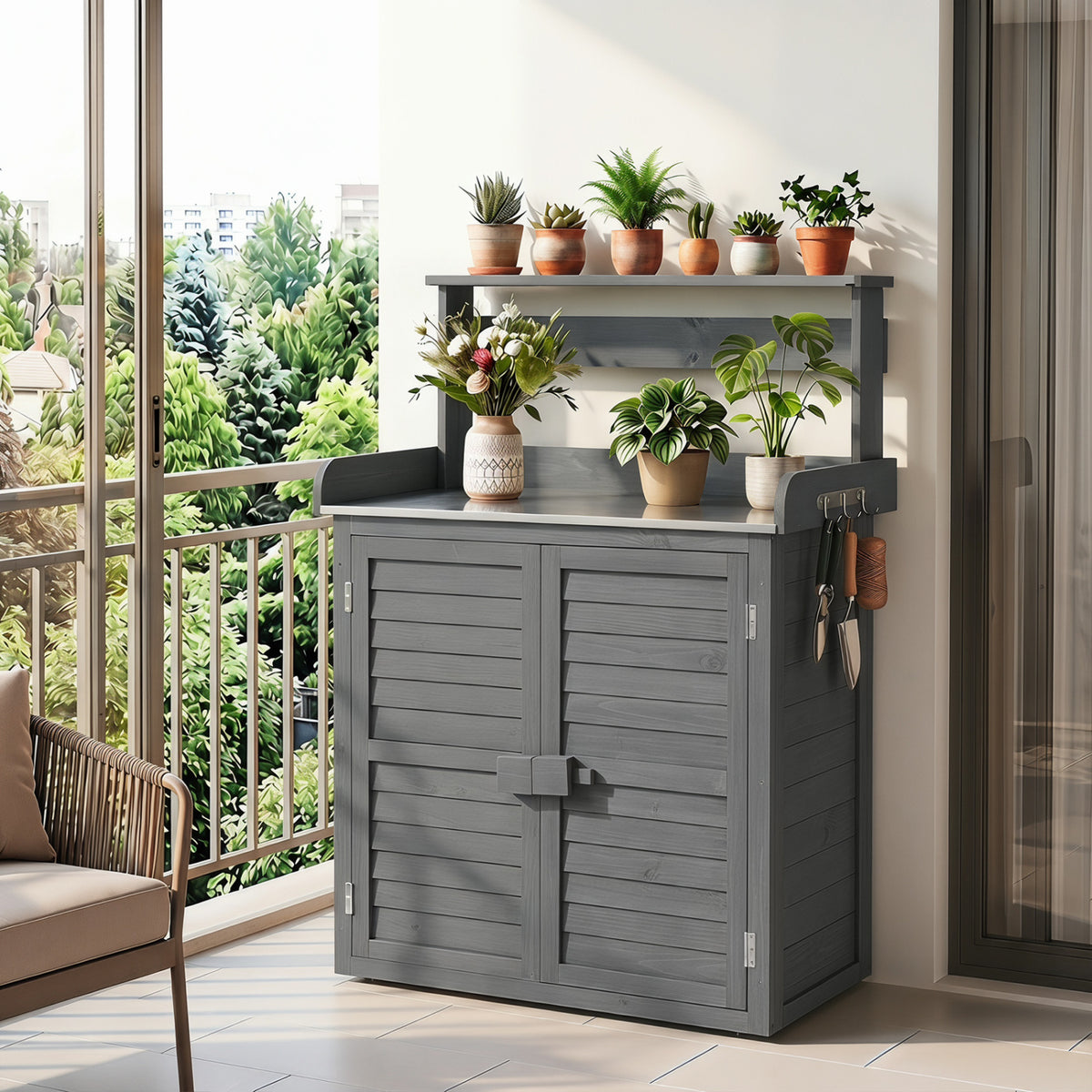 Wood Plant Workstation with Stainless Steel Tabletop and Removable Shelves