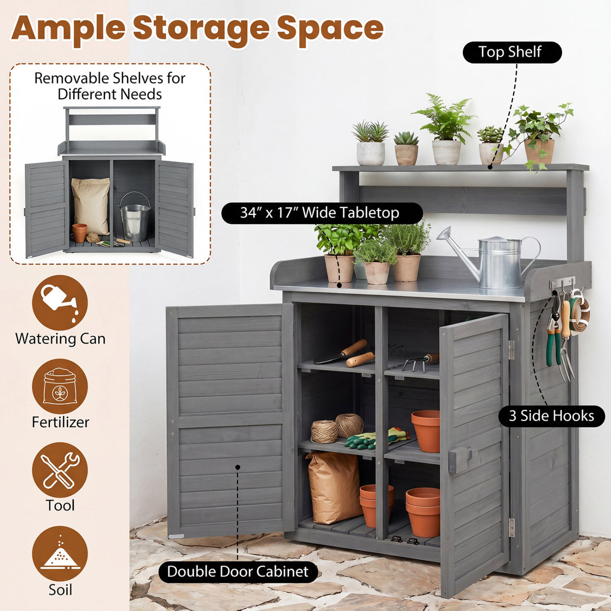 Wood Plant Workstation with Stainless Steel Tabletop and Removable Shelves