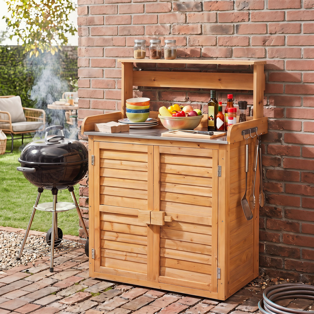 Wood Plant Workstation with Stainless Steel Tabletop and Removable Shelves
