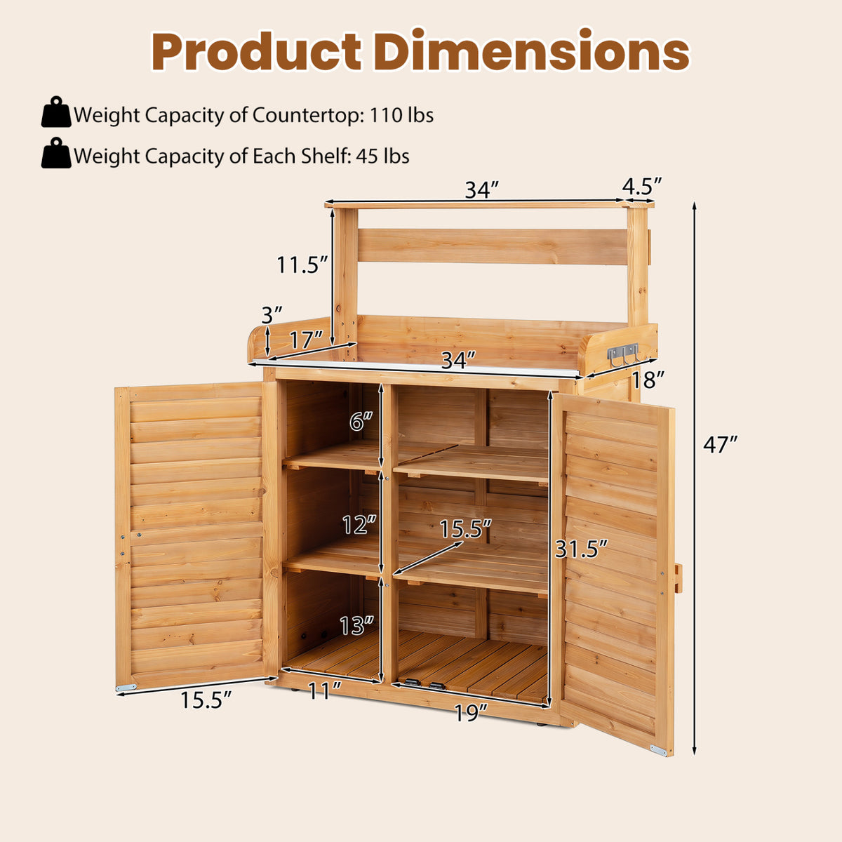 Wood Plant Workstation with Stainless Steel Tabletop and Removable Shelves