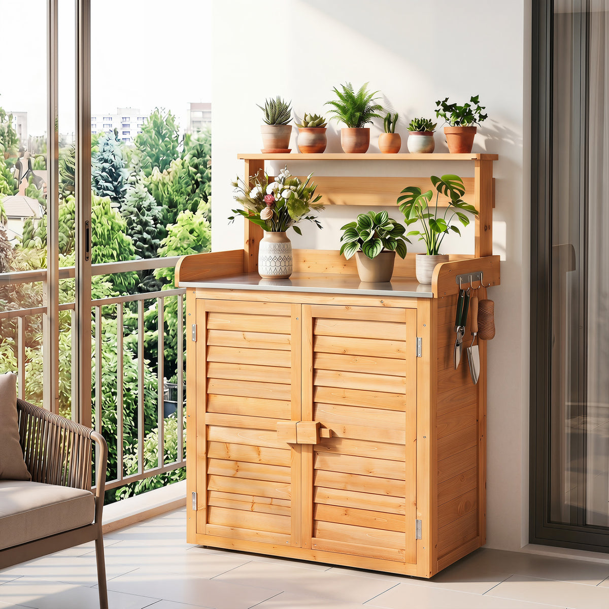 Wood Plant Workstation with Stainless Steel Tabletop and Removable Shelves