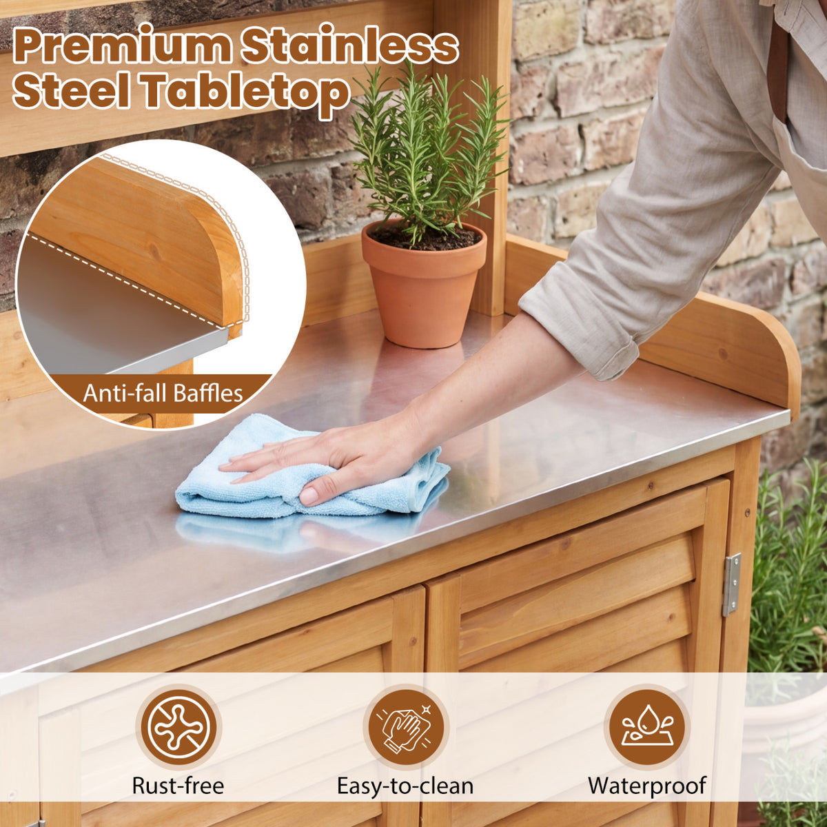 Wood Plant Workstation with Stainless Steel Tabletop and Removable Shelves