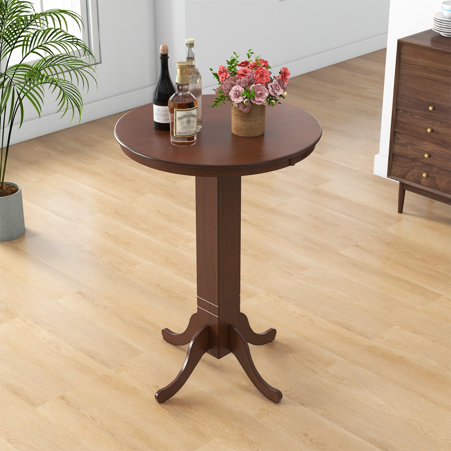 Wood Pub Round Dining Table with Pedestal Base