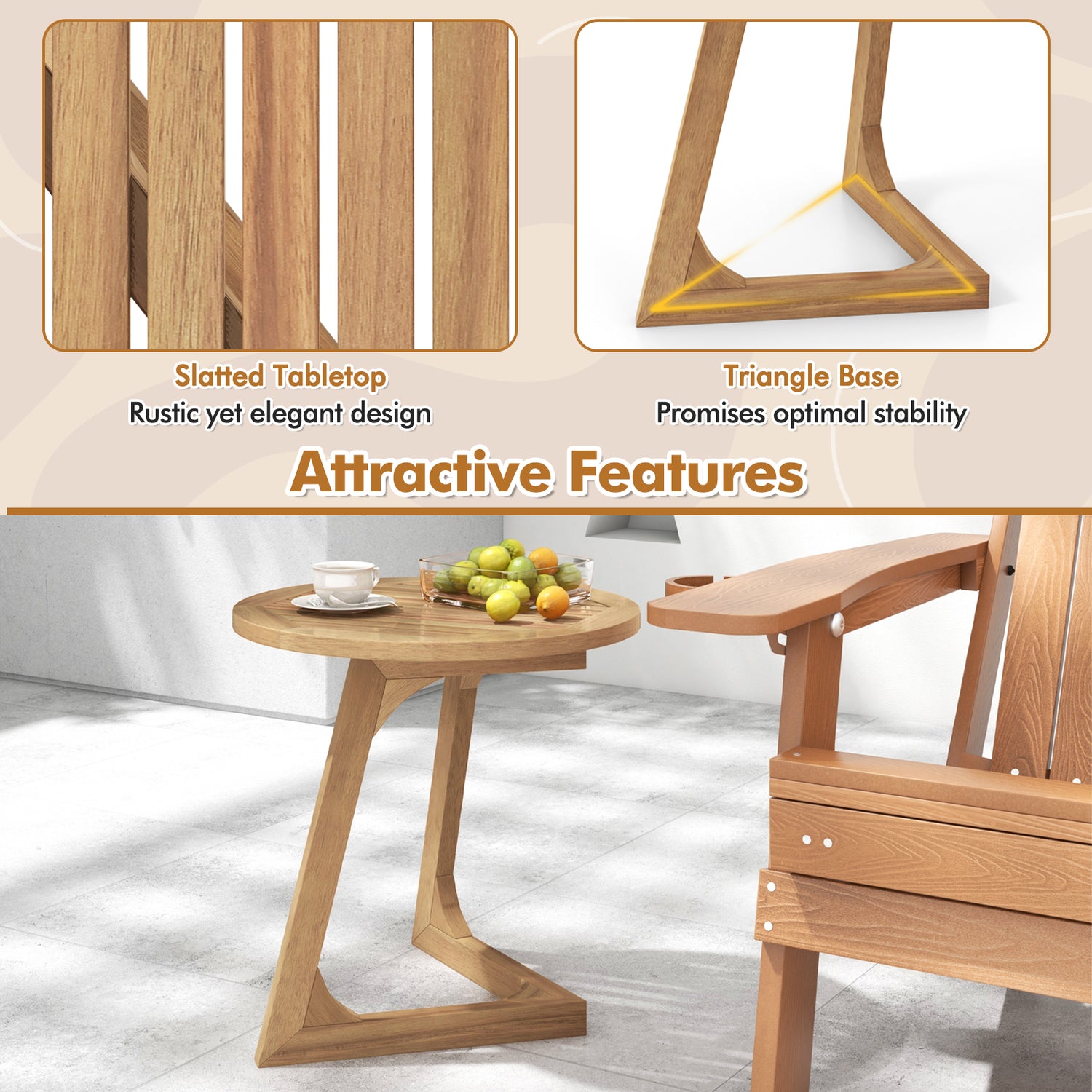 Teak Wood Side Table Round Sofa End Table with Slatted Tabletop