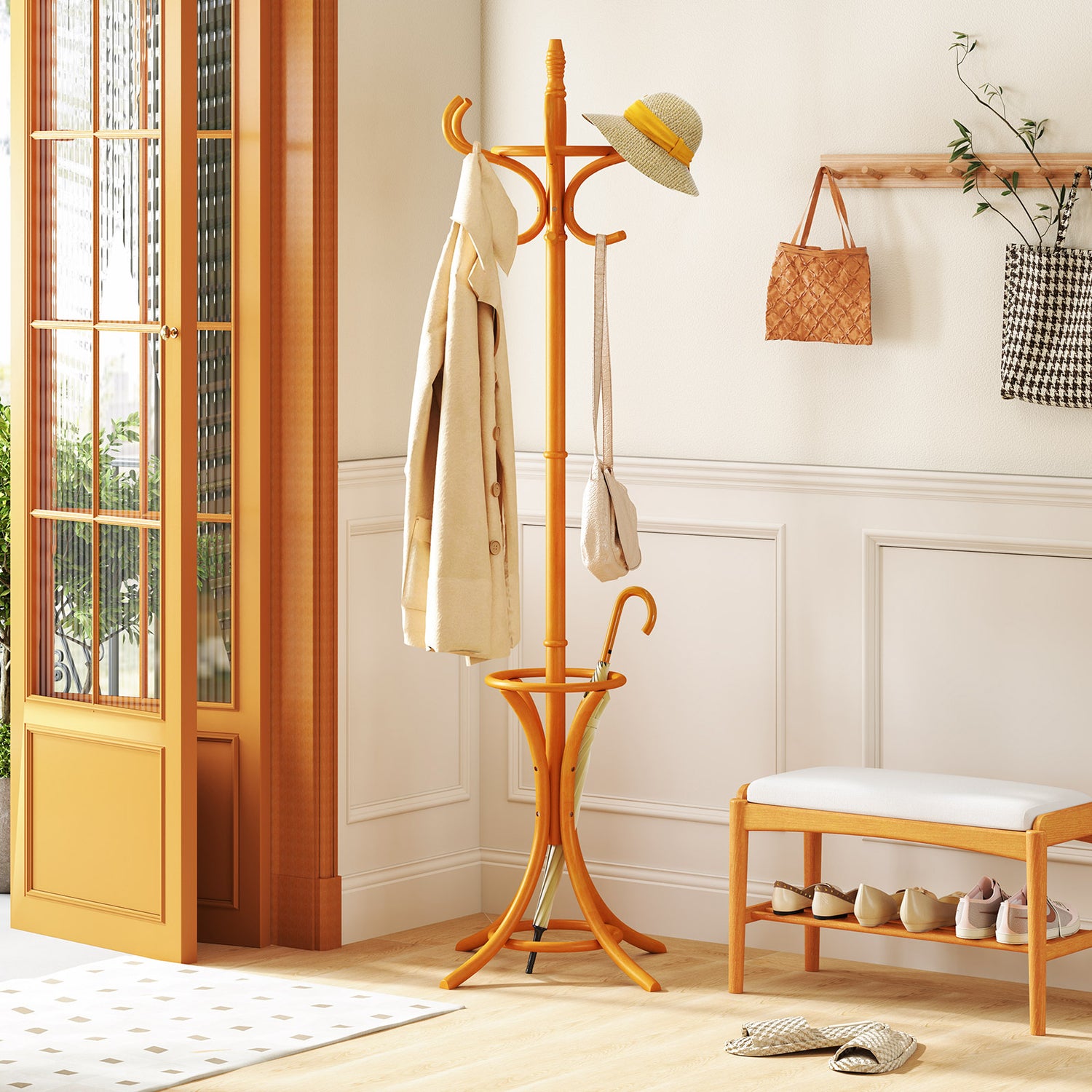 Wood Standing Hat Coat Rack with Umbrella Stand