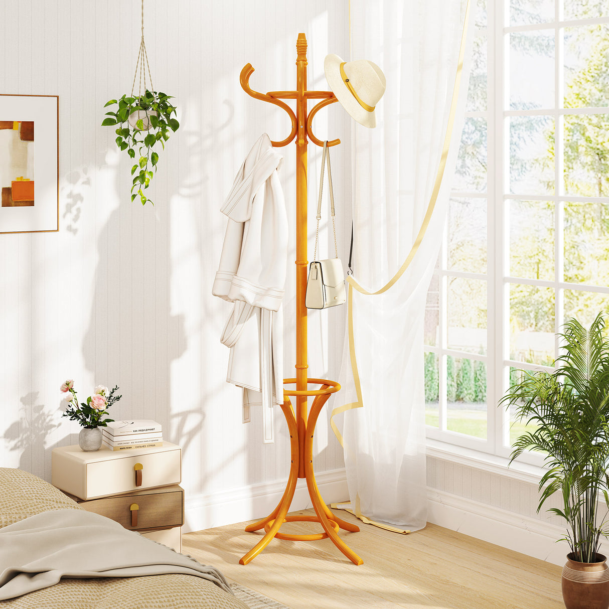 Wood Standing Hat Coat Rack with Umbrella Stand