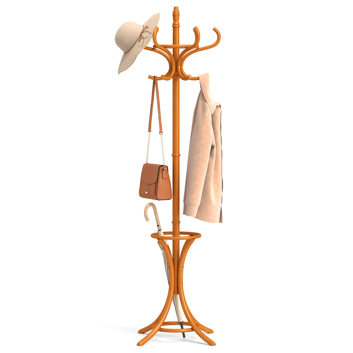 Wood Standing Hat Coat Rack with Umbrella Stand