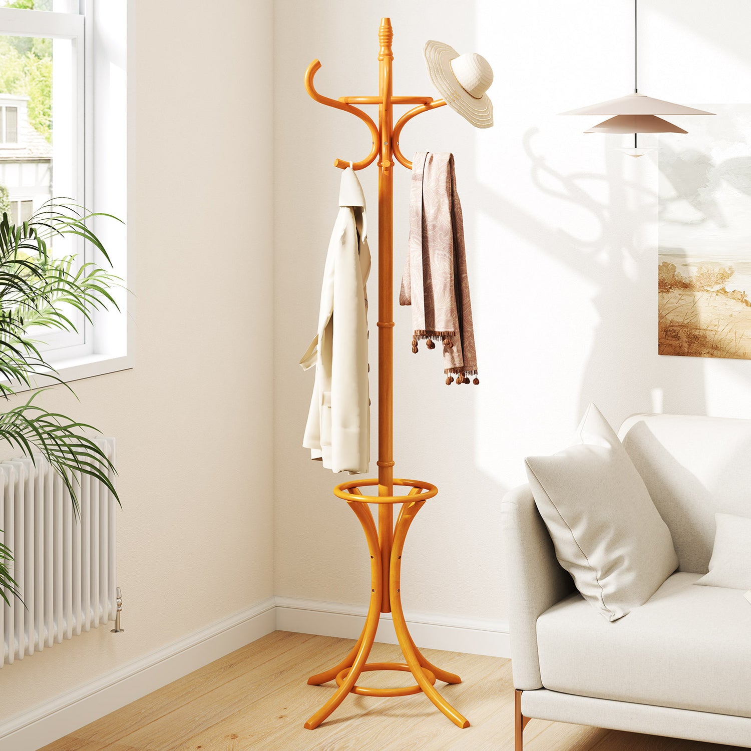 Wood Standing Hat Coat Rack with Umbrella Stand