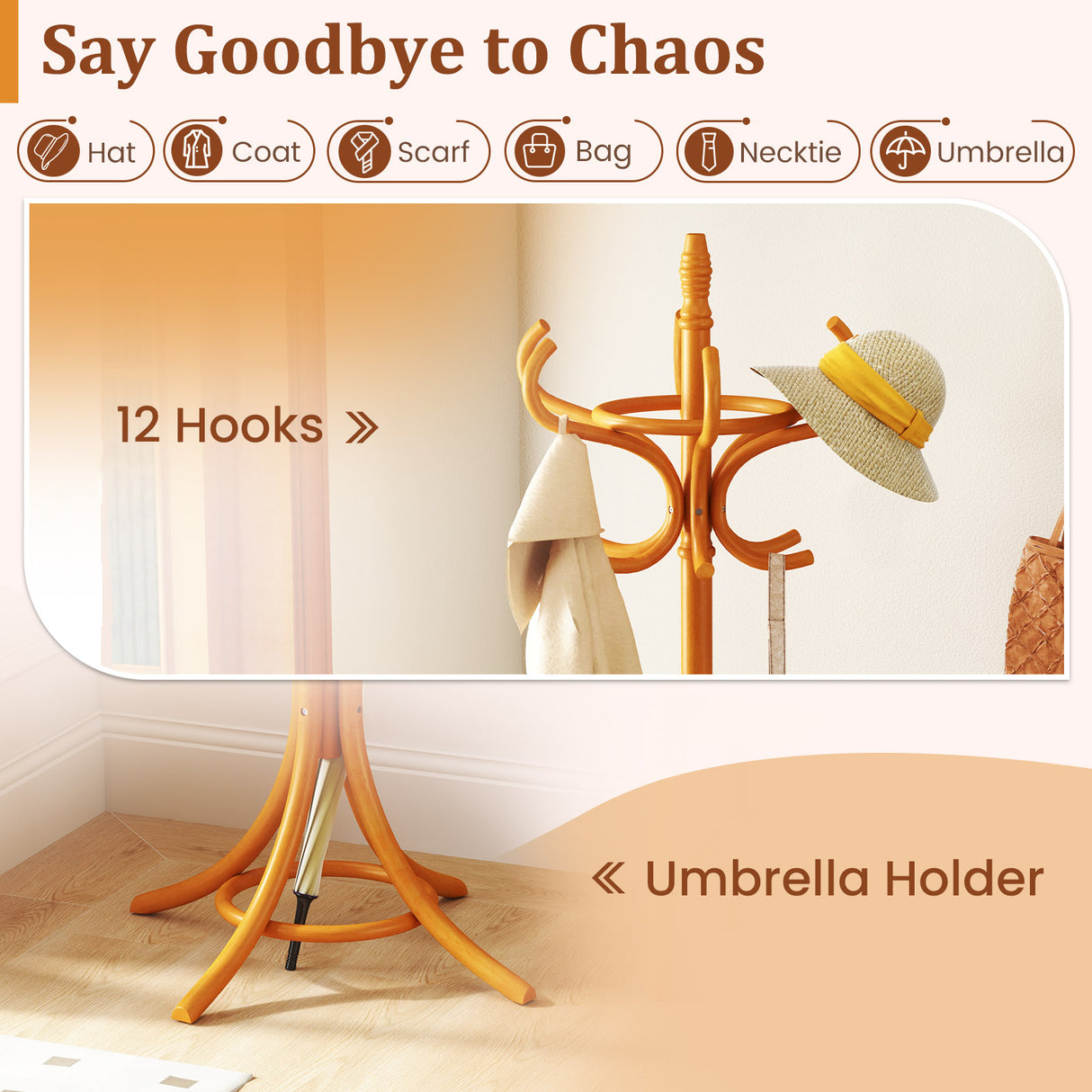 Wood Standing Hat Coat Rack with Umbrella Stand