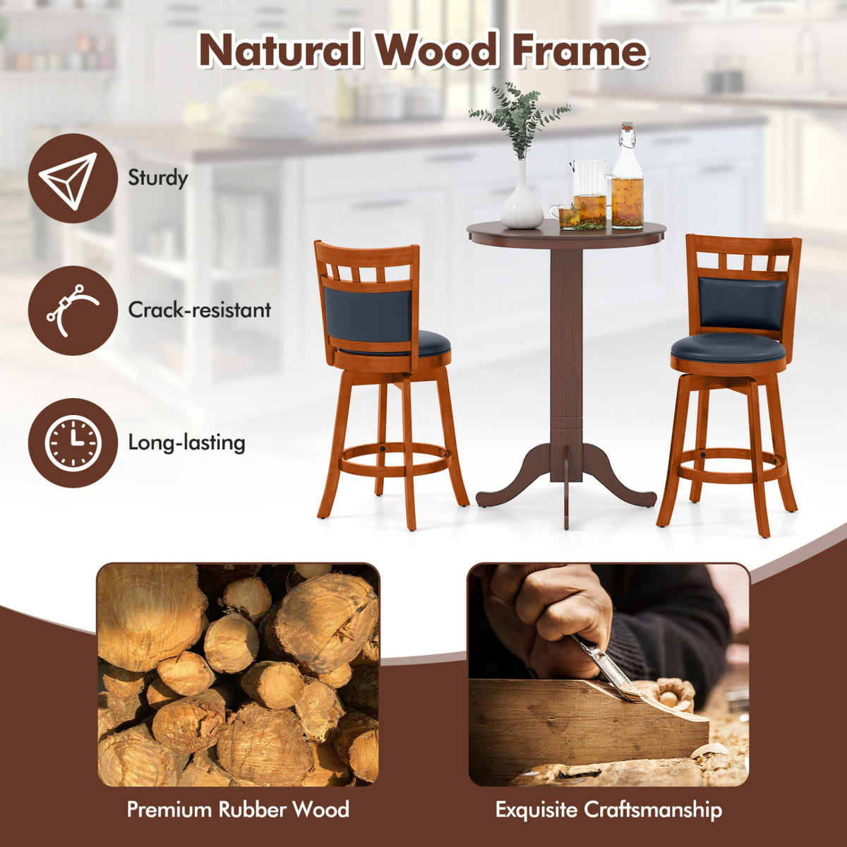 Wood Swivel Bar Stools Set of 4 with Faux Leather Upholstered Seat and Back-24"