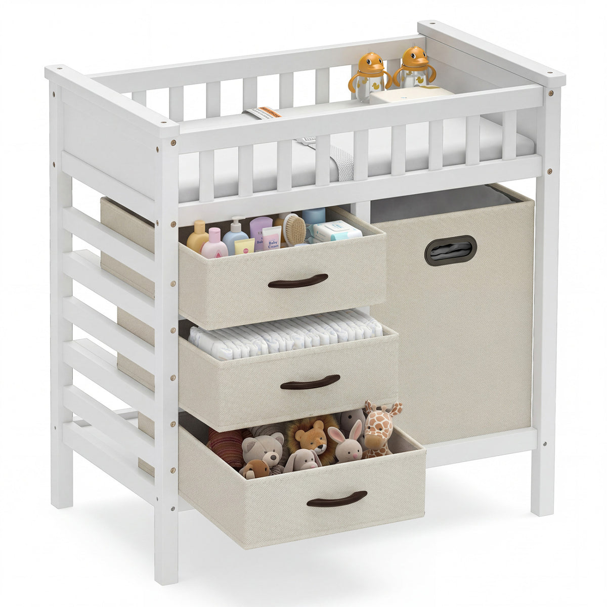Wooden Baby Changing Table Diaper Changing Station with 3 Fabric Storage Drawers